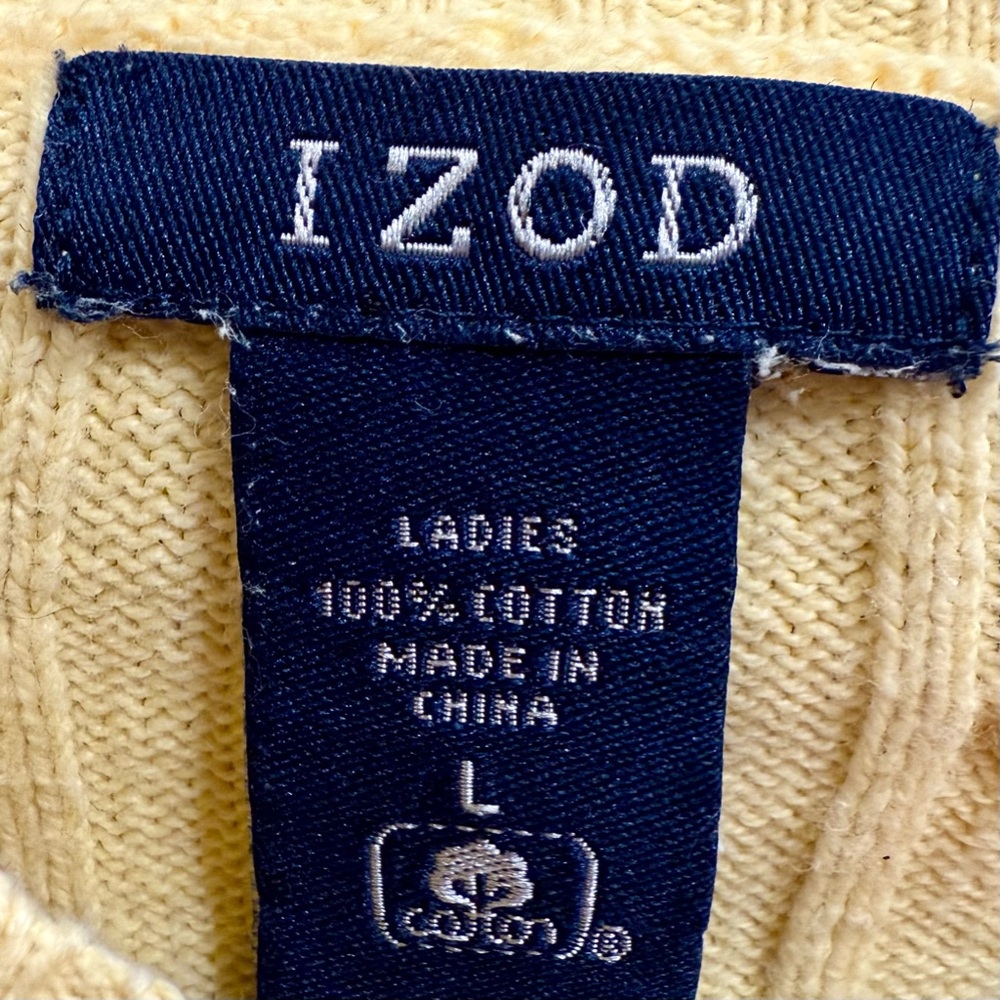 IZOD 100% Cotton Pastel Yellow Preppy Cable Knit Sweater Large - Picture 6 of 10